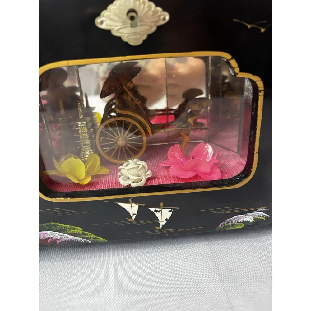 Vintage Japanese Black Lacquer Musical Jewelry Box- Window Diorama